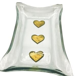 Art Glass Tray Felt Glass Carved Heart Gold Kiln Formed Vintage Heavy 2.3 Lbs